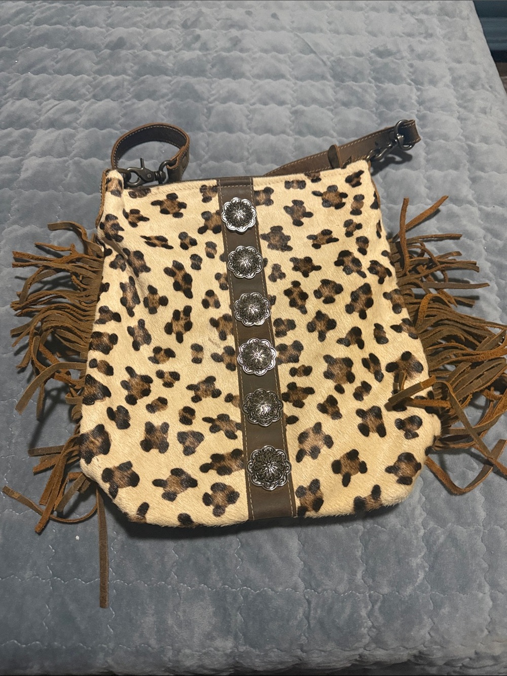 Cross bodyLeopard Print Fringe Crossbody Bag with Silver Conchos - Brown